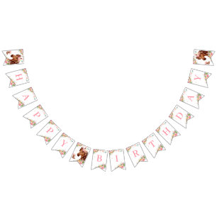 Bandeirinha Cavalo Feliz Aniversário Rapariga Rosa Saddle Pony