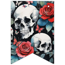 Bandeirinha Caveiras Rosas e Borboletas Watercolor Gótico