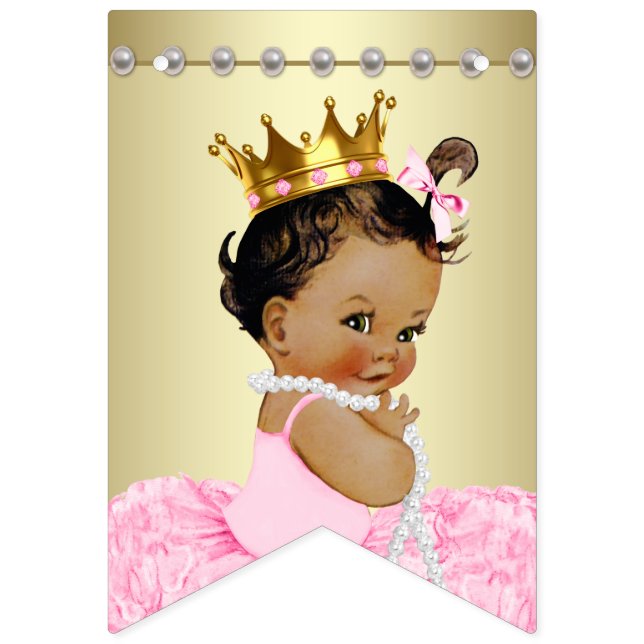 Bandeirinha Chá de Bebê Princesa Étnica Rosa Dourado (Primeira Bandeira)
