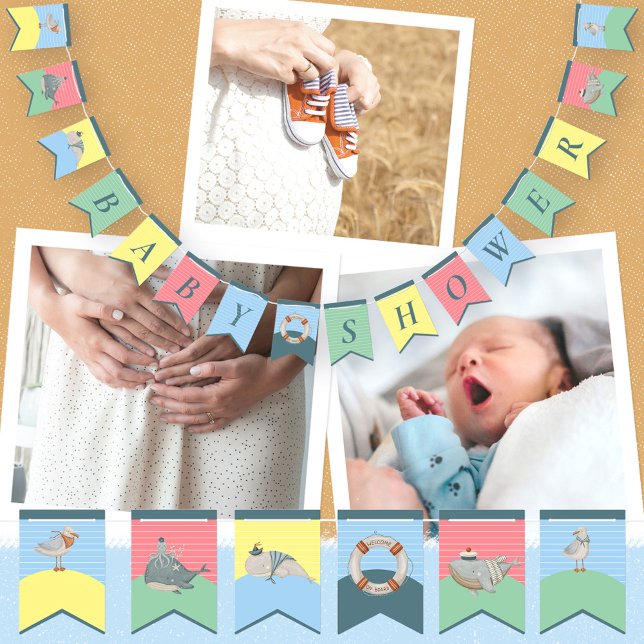 Bandeirinha Chá de fraldas de Aquarelas de Cama Náutica (Cute Nautical Water Animals Watercolor Baby Shower Bunting Flags ©Susanne Sachers - Sunny Mind Desig)