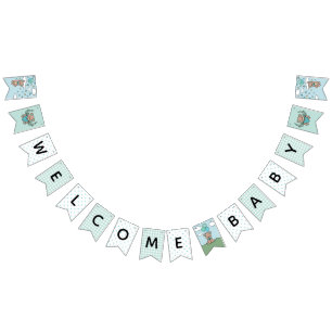 Bandeirinha Chá de fraldas Teal Blue Welcome Baby Bear Boy
