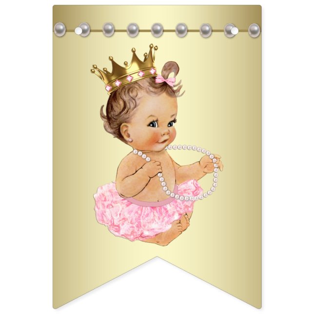 Bandeirinha Chuva de Bebê Bailarina Pérolas Rosa e Dourado (Primeira Bandeira)