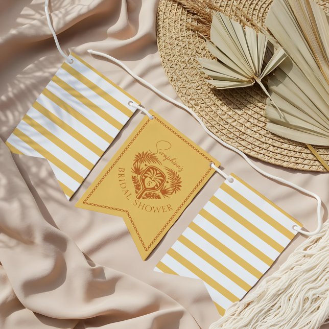 Bandeirinha Chuveiro de Noiva de Tênis com Tema de Palmeira Tr (Retro Tropical Palm Tree Pickleball Bridal Shower Bunting Flags)