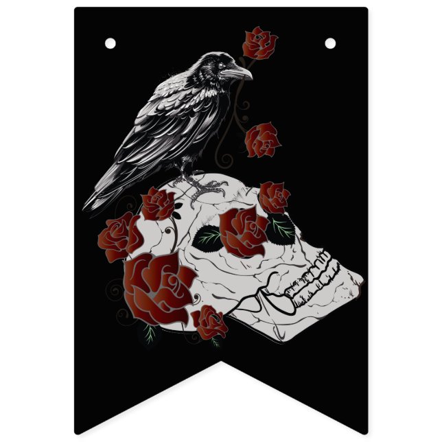 Bandeirinha Decorações do Dia das Bruxas Raven, Rosas e Crânio (Décima quinta Bandeira)