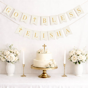 Bandeirinha Dêem Deus 6 Letras Marfim e Dourado Batismo Comunh