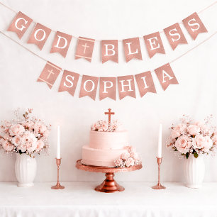 Bandeirinha Deus Abençoe 6 Letras Rosa Dourado Batismo Comunhã