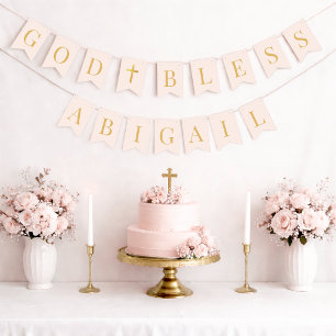 Bandeirinha Deus Abençoe 7 Letras Rosa e Dourado Batismo Comun