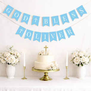 Bandeirinha Deus Abençoe Baby Blue 6 Letras Batismo Menino Com