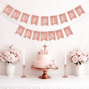 Bandeirinha Deus Abençoe Menina 7 Letras Batismo Dourado Rosa