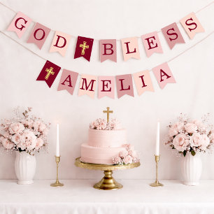 Bandeirinha Deus Abençoe Menina de 6 Letras Rosa Batismo Confi