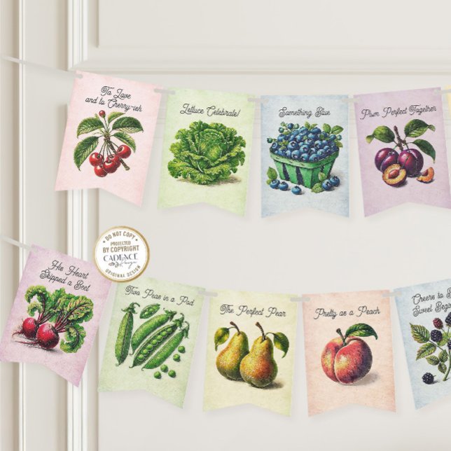 Bandeirinha Ela está fresca do banner de Bunting da Bridal (She's Off the Market Bridal Shower Bunting with fruits and vegetables and clever love-themed puns)