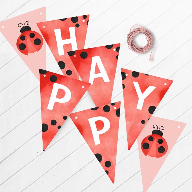 Bandeirinha Estandarte de aniversário da joaninha em aquarela (Ladybug Happy Birthday Hanging Banner in Red, Black, White and Salmon Pink)