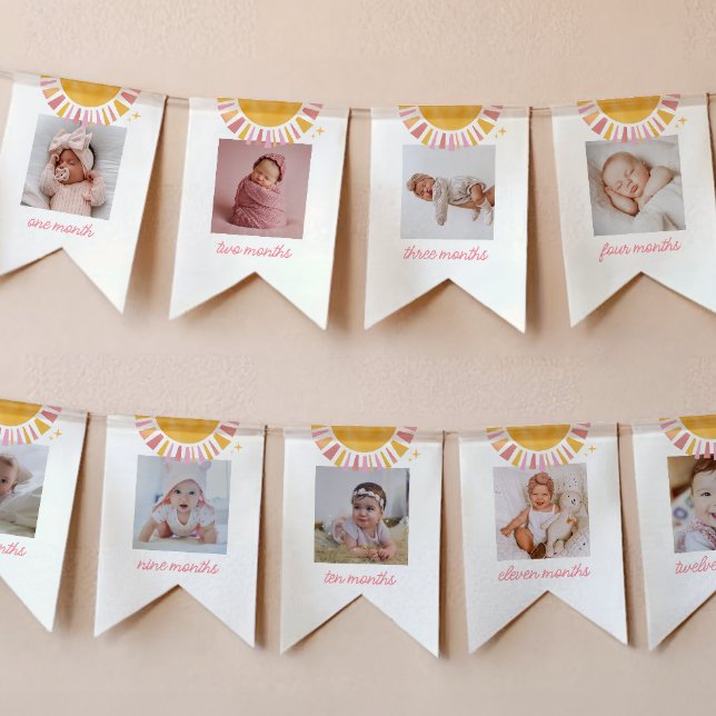 Bandeirinha Estandarte de Foto de Aniversário de 1 Ano Pink Bo (Criador carregado)