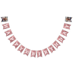 Bandeirinha Feliz 50º Aniversário Foto Folha Dourada Rosa