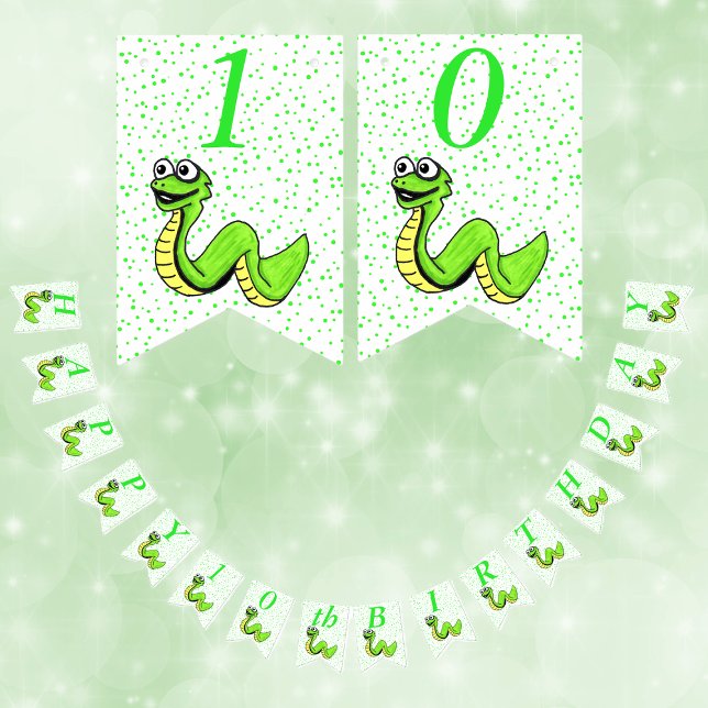 Bandeirinha Feliz Aniversário - Bolinhas de Cartoon Verde Cobr (Kids Happy Birthday party banner cute smiling green snake green polka dots on white.)