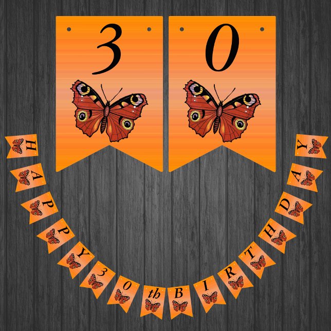 Bandeirinha Feliz Aniversário Bonito Borboleta Monarca Laranja (Monarch butterflies on shades of orange Happy Birthday bunting flag party banner.)