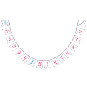 Bandeirinha Feliz Aniversário da Menina de Sereia Azul Púrpura