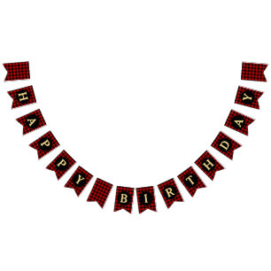 Bandeirinha Feliz aniversário da Xadrez Vermelha e Negra