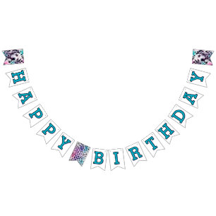 Bandeirinha Feliz Aniversário Dálmata Aguarela Verde-Azul