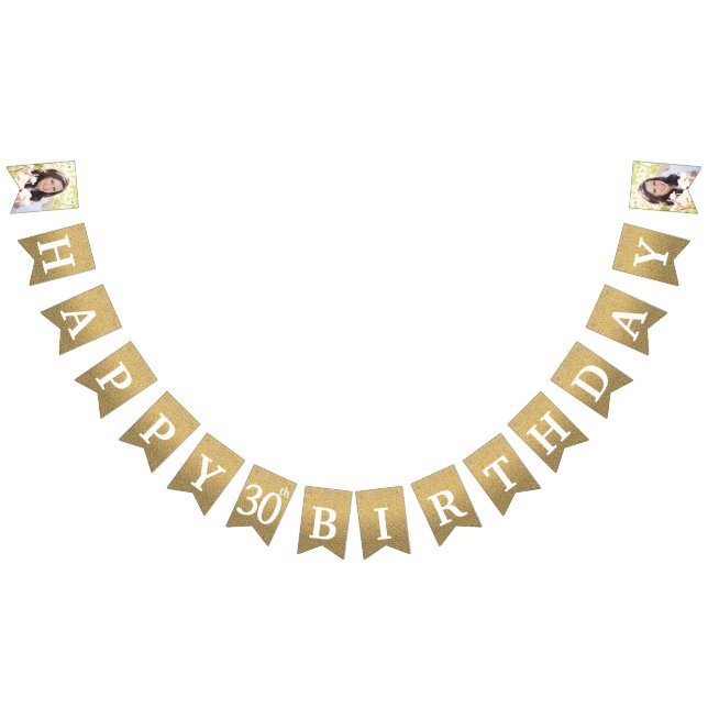 Bandeirinha Feliz aniversário de 30 anos Foto Dourada Glitter (Todos)