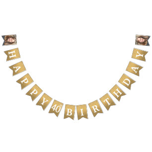 Bandeirinha Feliz aniversário de 40 anos Foto Dourada Glitter