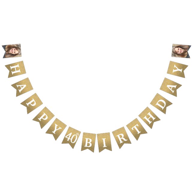 Bandeirinha Feliz aniversário de 40 anos Foto Dourada Glitter (Todos)