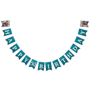 Bandeirinha Feliz Aniversário de 50 anos Foto Brilho Azul