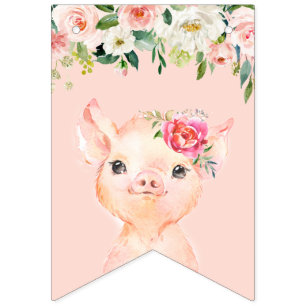 Bandeirinha Feliz Aniversário do Porco Bonito com Flores Rosa 
