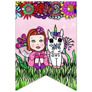 Bandeirinha Feliz Aniversário Fada Rosa e Roxa Unicórnio