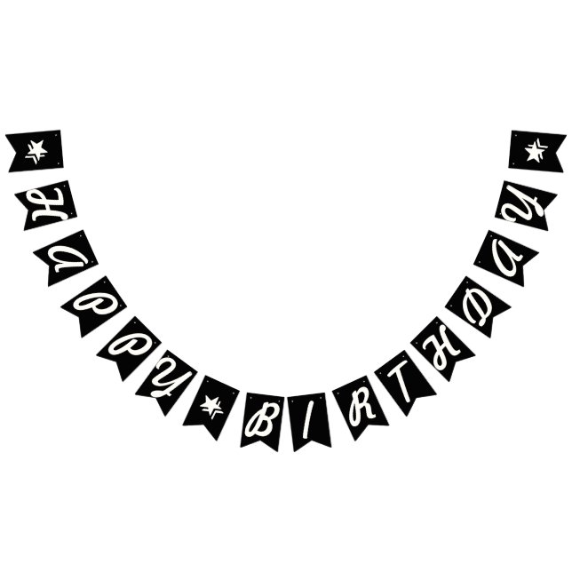 BANDEIRINHA FELIZ ANIVERSÁRIO SCRIPT WHITE EM PRETO (Todos)