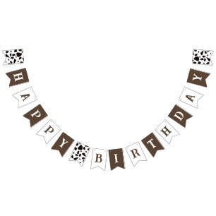 Bandeirinha Feliz aniversário Vaca Impressão castanho e branco