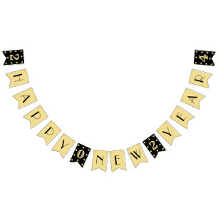 Bandeirinha Feliz ano novo do art. 2024, Black Faux Dourado