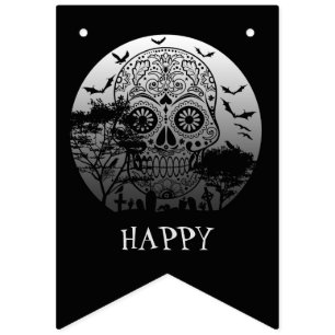 Bandeirinha Feliz Halloween Açúcar Crânio Cachorro Cheia Lua 1