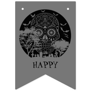 Bandeirinha Feliz Halloween Açúcar Crânio Cachorro Cheia Lua 3