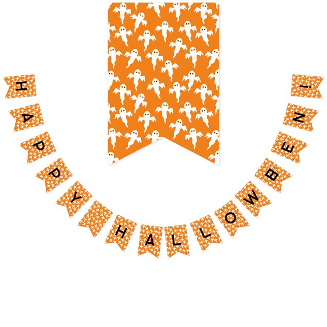 Bandeirinha Feliz Padrão Fantasma do Halloween (Fun ghost pattern orange bunting flag garland with Happy Halloween! text)