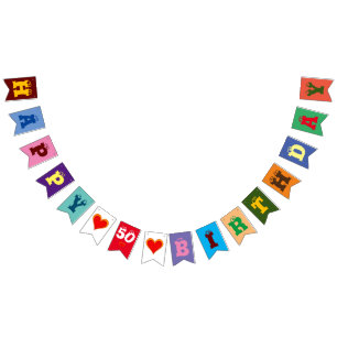 Bandeirinha FELIZ personalizado CORAÇÕES DE ANIVERSÁRIO + idad