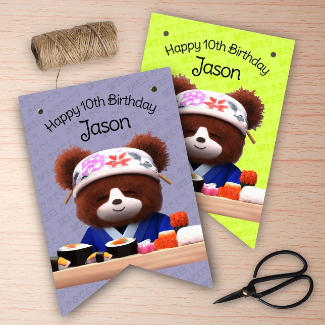 Bandeirinha Festa de aniversário de chef de urso de pelúcia (Cute Teddy Bear Sushi Chef Birthday Party Bunting Flags Cover Photo.)