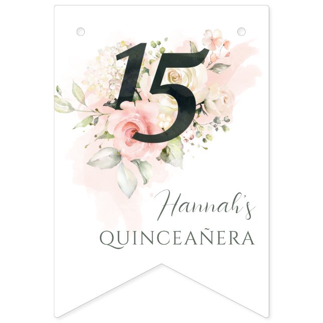 Bandeirinha Festa de aniversário de Quinceanera Floral Rosa (Primeira Bandeira)