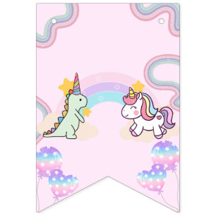 Bandeirinha Festa de aniversário Rainbow Unicorn & Dinossaur F