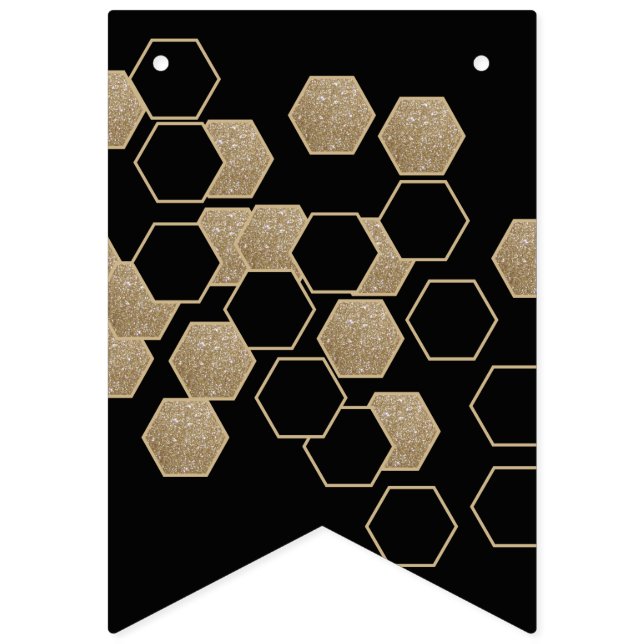 Bandeirinha festa moderna geométrica de hexágono preto e doura (Primeira Bandeira)