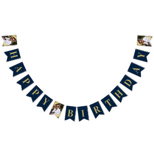 Bandeirinha Foto Chic Azul Marinho Dourado Feliz Aniversário