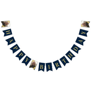 Bandeirinha Foto Chic Azul Marinho e Dourado Feliz Aniversário