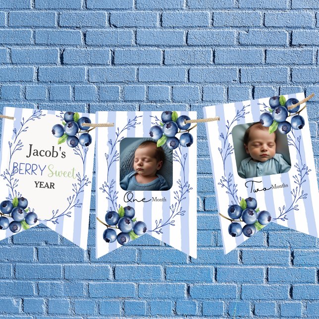 Bandeirinha Foto personalizada do primeiro aniversario 12 Blue (Berry Sweet Book Request boy Enclosure Card)