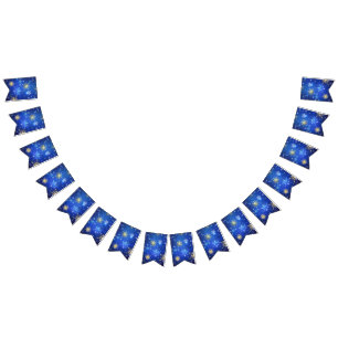 Bandeirinha Fundo Azul XMAS com Flocos de Neve Ouro