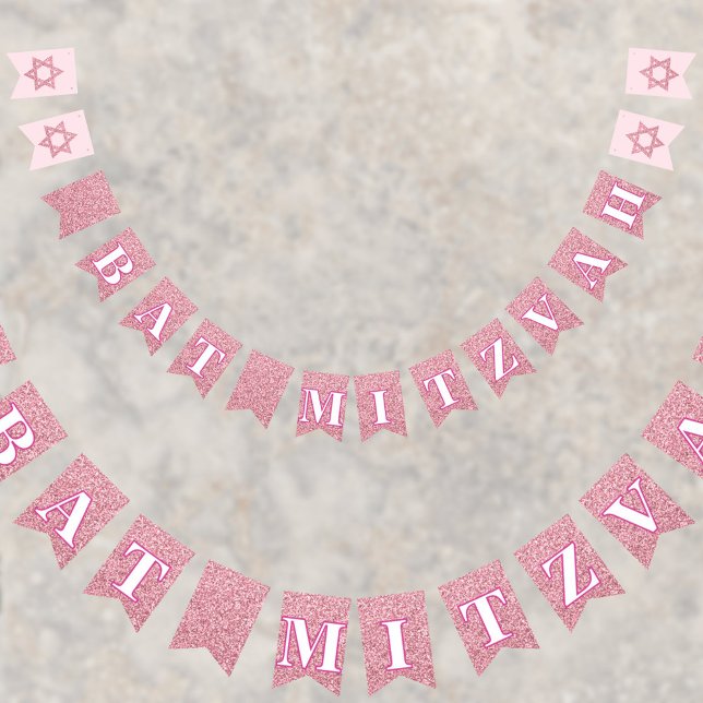 Bandeirinha Glam Pink Sparkle Girl Chic Bat Mitzvah (A set of glam pink faux glitter bunting flags to add to your Bat Mitzvah party decor)