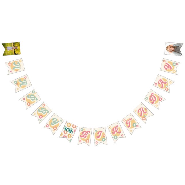 Bandeirinha Groovy 60's 70's Flowers Foto Feliz Aniversário (Todos)