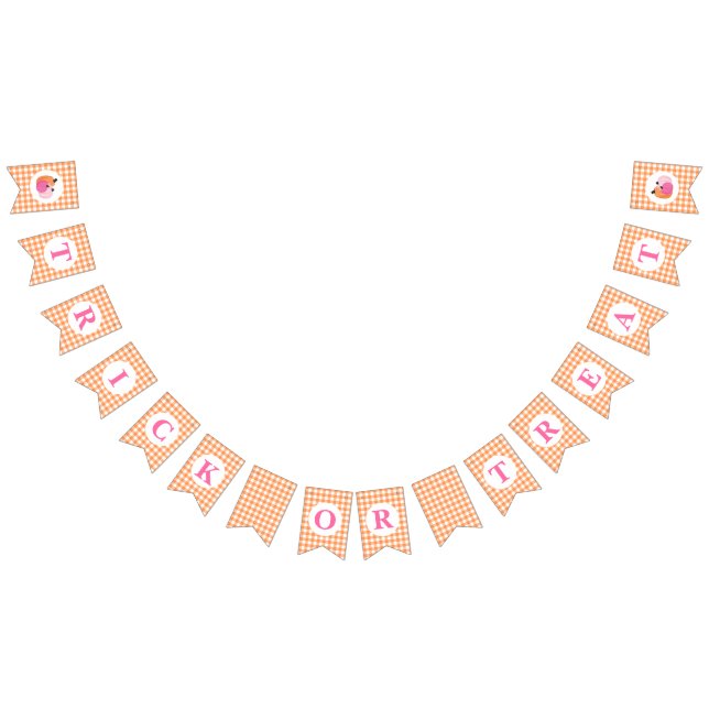 Bandeirinha Halloween TRICK OU TREAT Pumpkins rosa e xadrez (Todos)