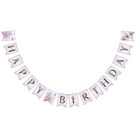 Bandeirinha Happy Birthday Lilac Butterfly Watercolor Bunting