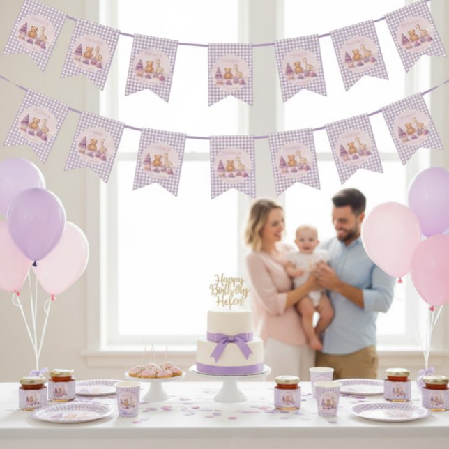Bandeirinha Lavender Gingham 1st Birthday Bunting Flags (Criador carregado)