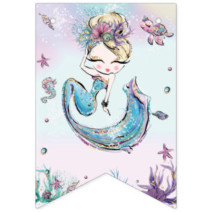 Bandeirinha Loira Whimsical Sereia Aniversário Sob o Mar